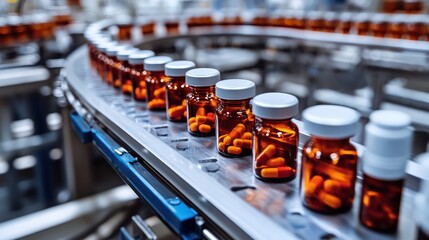 Bottles of various medications lined up on a production line, symbolizing the scale of pharmaceutical manufacturing.