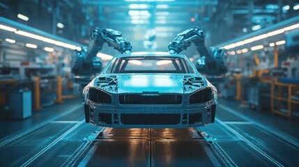Fototapeta premium Car being painted in an automotive factory by robotic arms, focusing on automation and quality.