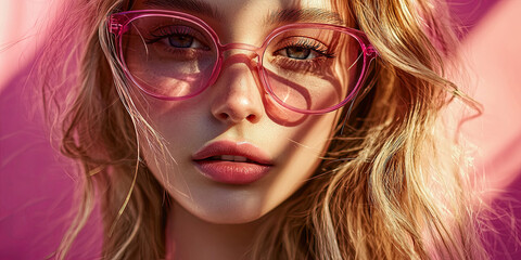 Obraz premium Portrait of a beautiful woman with long blonde hair, wearing pink glasses, generative AI