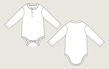 Long sleeve Romper bodysuit technical drawing fashion flat sketch vector illustration template for kids