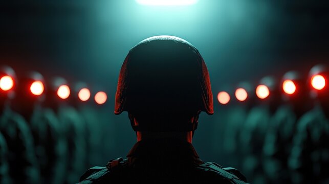 A despot surveying his troops while wearing a harsh, authoritative look