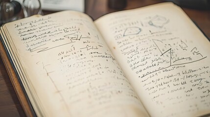 Close-up of an open lab notebook showing pages covered in handwritten scientific data, formulas, and illustrations