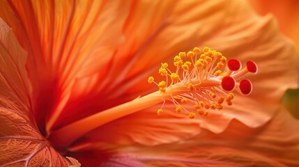 A close-up of an orange hibiscus flower in full bloom, capturing its vibrant color