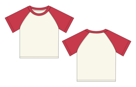 Two tone color short sleeve raglan t shirt tops technical drawing fashion flat sketch vector illustration template for kids