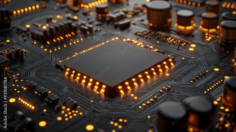 Poster a close up of a computer chip with a bright orange glow