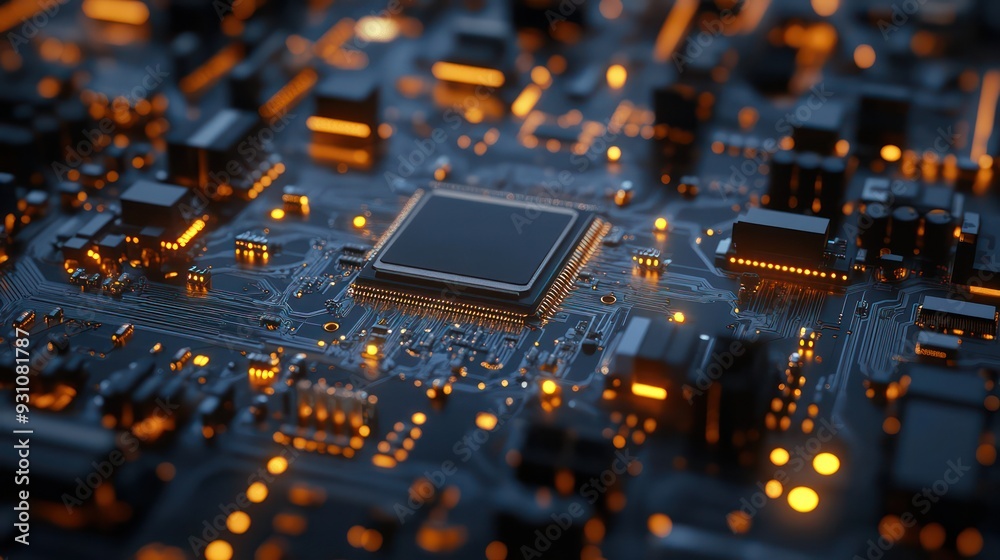 Poster a close up of a computer chip with a bright orange glow