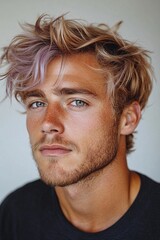 Obraz premium Cool and Trendy Portrait of a Man with Blonde Hair and Lavender Highlights