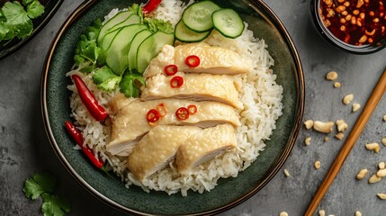 Hainanese Chicken Rice with Cucumber and Chili