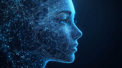 Future AI: Abstract Digital Human Face with Data Points and Lines on Futuristic Background with Copy Space