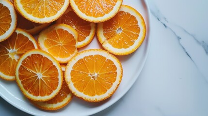 Fototapeta premium A close-up of fresh orange slices arranged in a circular pattern on a white plate