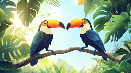 Two Toucans Facing Each Other in Tropical Jungle