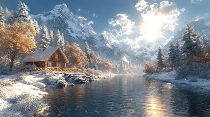 Fototapeta premium Cozy Cabin by Snowy Mountain River in Winter Wonderland