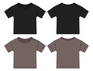 Black and khaki color T shirt tops vector illustration template front and back views. Apparel mock up cad for baby boys