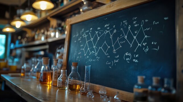 A blackboard with a diagram of chemical reactions is on a table with several bea