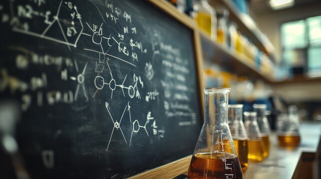 A blackboard with a diagram of chemical reactions is on a table with several bea