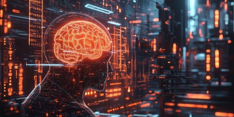 A futuristic AI system in a cyberpunk setting, featuring glowing neural networks, advanced data processing, and a vibrant, high-tech aesthetic