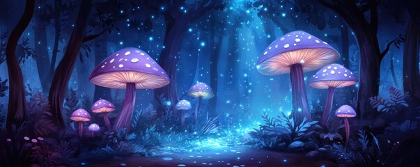 enchanted forest with glowing mushrooms and sparkling streams