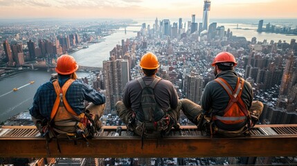 Construction workers taking a break, sitting on steel beams with a cityscape in the background, capturing a moment of rest.
