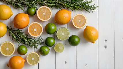 Citrus fruits like lemons, oranges, and limes with rosemary sprigs on a white wooden background,...