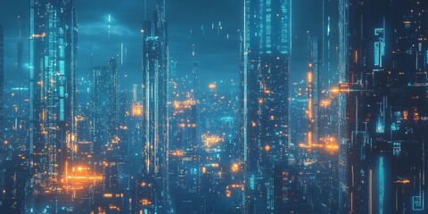 A detailed view of a high-tech urban environment, featuring interconnected smart systems, glowing towers, and advanced infrastructure