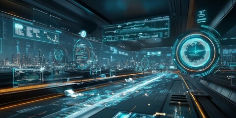 Obraz premium Futuristic smart infrastructure UI, with responsive digital controls, real-time data visualization, and interactive city design tools