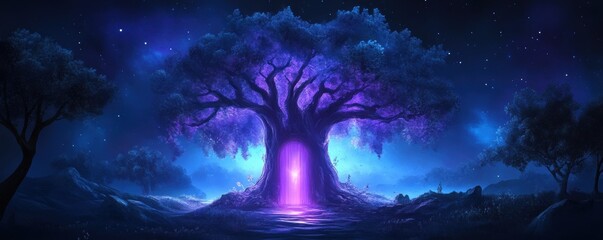 an ancient tree with a glowing door, leading to a hidden realm