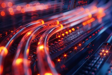 Fiber optic data cables in a technology data center with neon lights