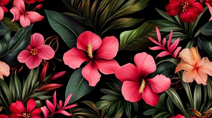 Tropical Floral Pattern: Vibrant Hibiscus and Lush Foliage