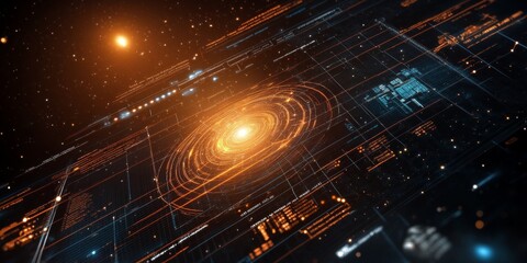Fototapeta premium Advanced space software UI with glowing grids, star mapping tools, and interactive planetary alignment features