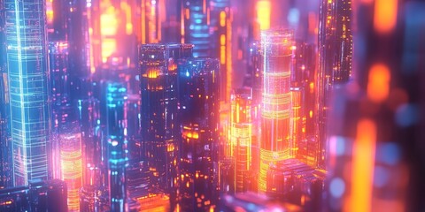A close-up of a futuristic city representing an advanced civilization, with glowing towers, sophisticated tech systems, and a seamless urban design