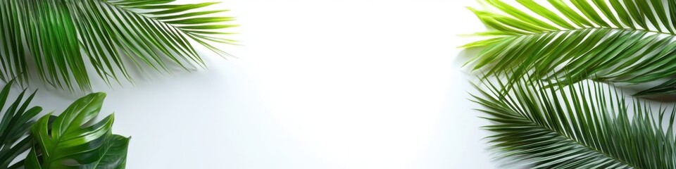 Obraz premium Green palm leaves on a white background with copy space.