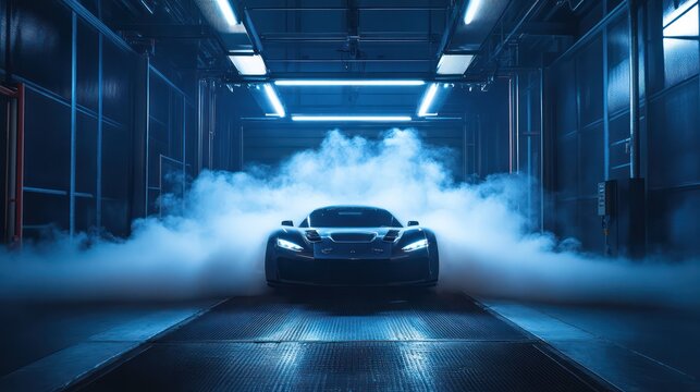 A car is driving down a track with smoke coming out of its exhaust - Powered by Adobe