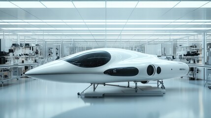 Futuristic spacecraft design prototype displayed in a clean, minimalist lab, representing the future of aerospace innovation.
