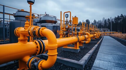 Gas processing plant with pipelines and storage tanks, focusing on the industrial process of refining natural gas.