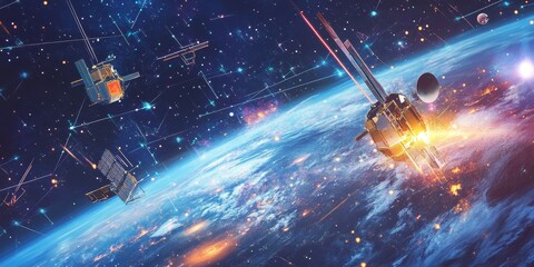 Advanced AI satellites orbiting a galaxy, capturing data streams and cosmic signals, depicted in a high-tech, futuristic style