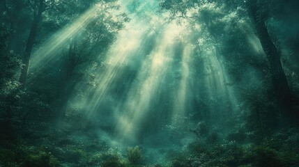 Fototapeta premium Light beams streaming through mist in a dense forest, creating a mystical, calming atmosphere.
