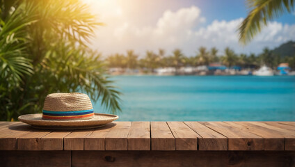 Obraz premium Straw hat and lounge chairs by a luxury swimming pool on a tropical beach resort