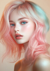 Fototapeta premium Pastel pink and blue-haired woman with soft makeup