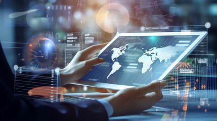 A close-up of hands holding an advanced tablet displaying futuristic data visualizations, with digital graphs and holographic images floating around them.