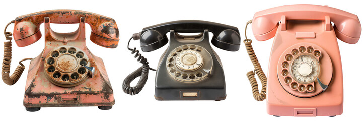 Vintage rotary telephones in various colors, showcasing retro design and nostalgia