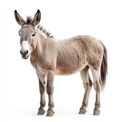 Obraz premium Portrait of a donkey full body standing front view 503 animal, horse, donkey, farm, mammal, nature, brown, grass, foal, wild, pony, field, head, goat, portrait, isolated, mule, domestic, white, wildl