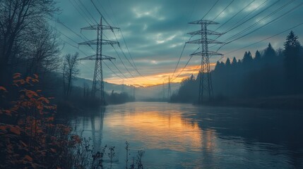 High-voltage power lines crossing over a river, representing the connection between energy and nature.