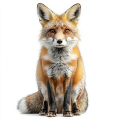 Fototapeta premium Portrait of a fox full body standing front view is 493 fox, animal, red fox, wildlife, red, mammal, vulpes vulpes, wild, isolated, fur, nature, white, white background, predator, wild animal, young, 