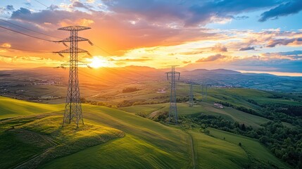 High-voltage transmission lines stretching across a rural landscape, representing the distribution of electrical energy.