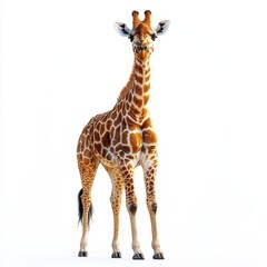 Portrait of a giraffe full body standing front vie  491 giraffe, animal, isolated, mammal, white, wild, wildlife, neck, tall, zoo, safari, nature, brown, long, standing, young, profile, high, camelopa