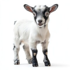 Naklejka premium Portrait of a goat full body standing front view i 486 goat, animal, farm, mammal, nature, livestock, agriculture, grass, animals, isolated, white, domestic, brown, fur, horns, horn, rural, kid, shee