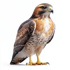 Portrait of a hawk full body standing front view i  476 bird, hawk, animal, falcon, eagle, beak, nature, wildlife, feather, predator, portrait, wild, prey, raptor, eye, bird of prey, head, brown, isol