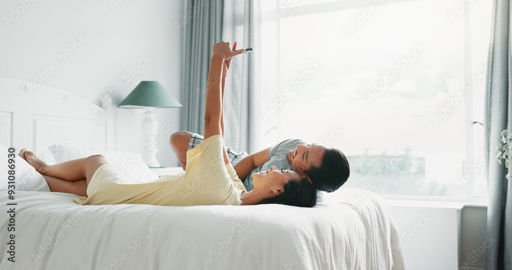 Poster Couple, smile and selfie on bed in home for profile picture update, social media post and memory. People, photography and bonding in bedroom with laughing, live streaming or relationship in apartment