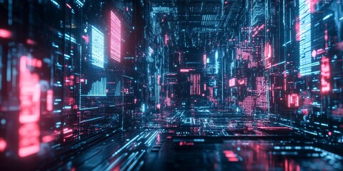 A conceptual image of AI, featuring neon-lit circuits, holographic data streams, and cyberpunk design elements in a high-tech lab