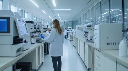 Modern laboratory with advanced equipment and researchers at work, highlighting the high-tech nature of pharmaceuticals.
